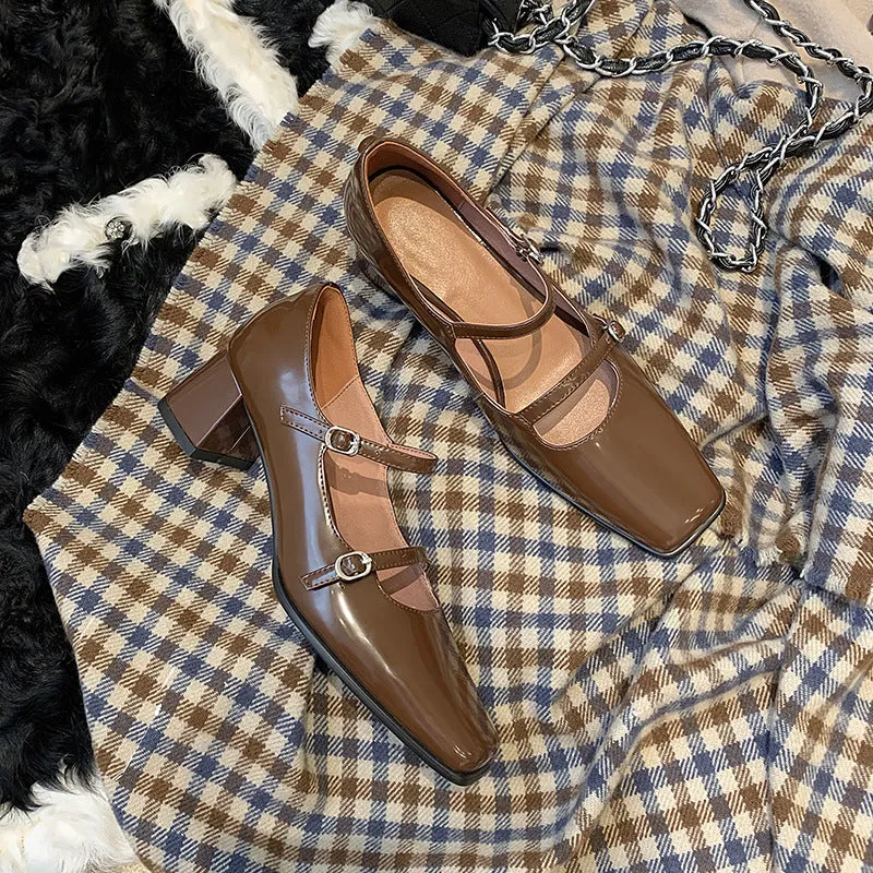 Leather square shoes for women